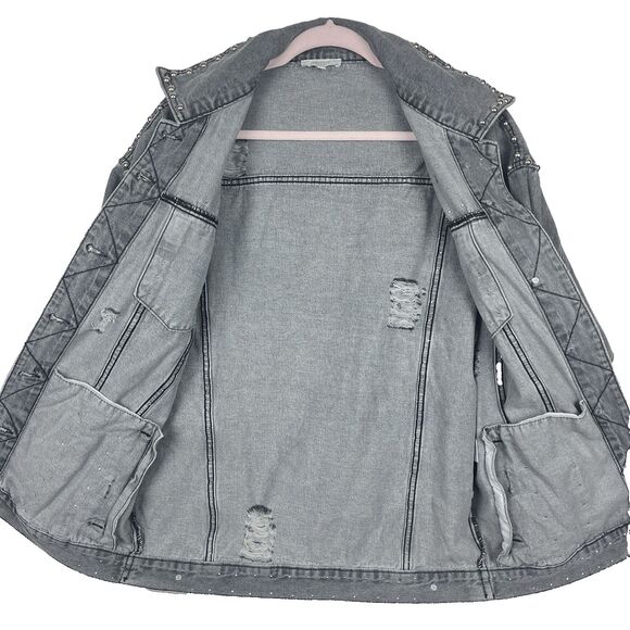 Denim Jean Jacket Womens SZ M Gray Button down Distressed Ripped Silver studs - Picture 13 of 13